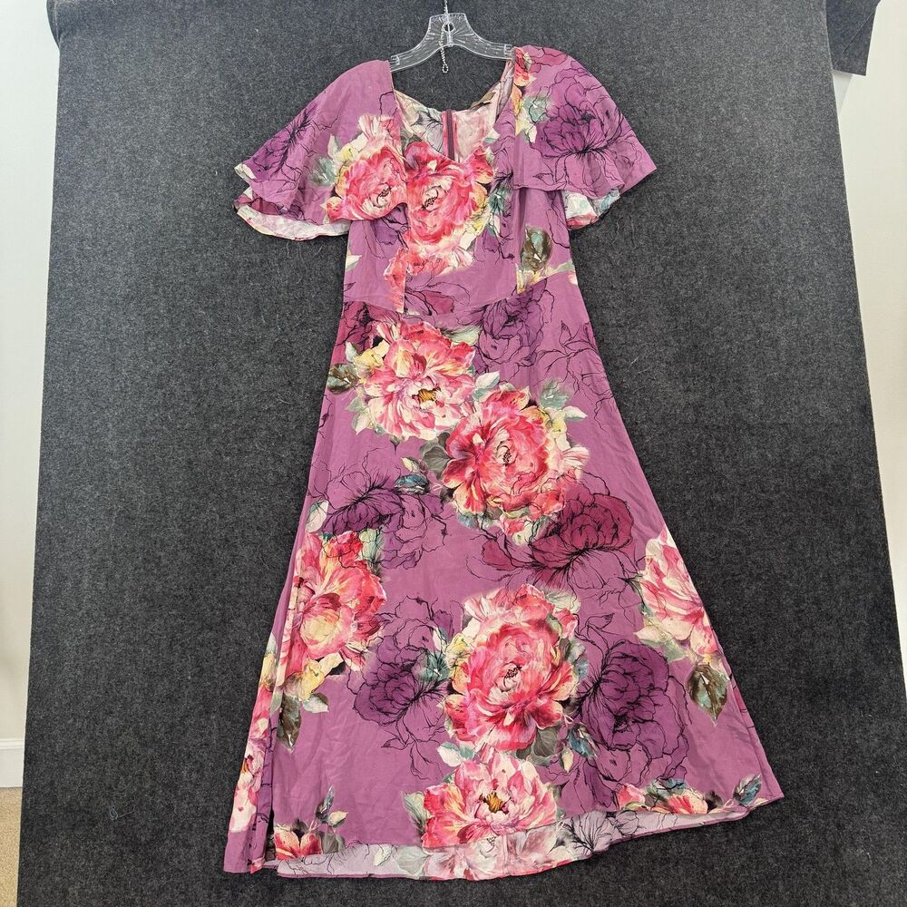 Kachel Dress Women's 6 Purple Floral Silk Maxi Flutter Sleeve Anthropologie